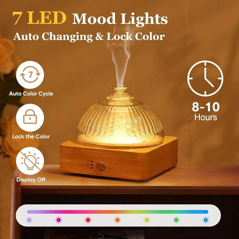 Premium Glass Aromatherapy Diffuser - 200ml with Wood Base & LED Lighting