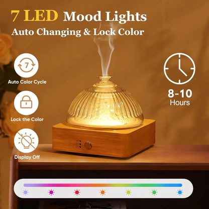 Premium Glass Aromatherapy Diffuser - 200ml with Wood Base & LED Lighting