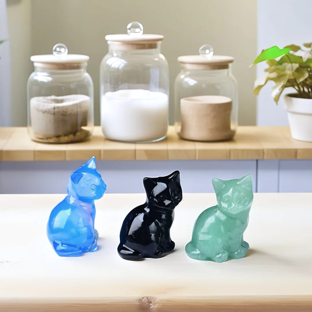 Natural Crystal Cat Figurine | Handcarved Quartz Cat Statue