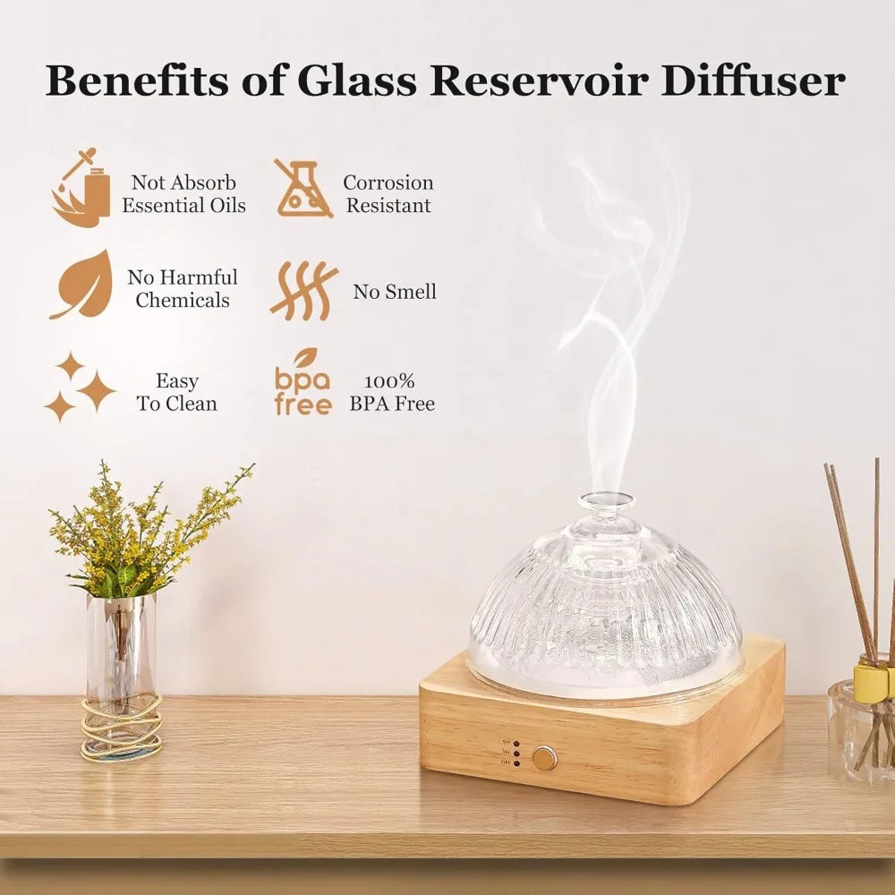 Premium Glass Aromatherapy Diffuser - 200ml with Wood Base & LED Lighting